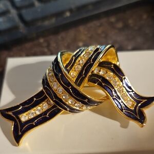 Joan Rivers Black Gold Rhinestone Ribbon Pin